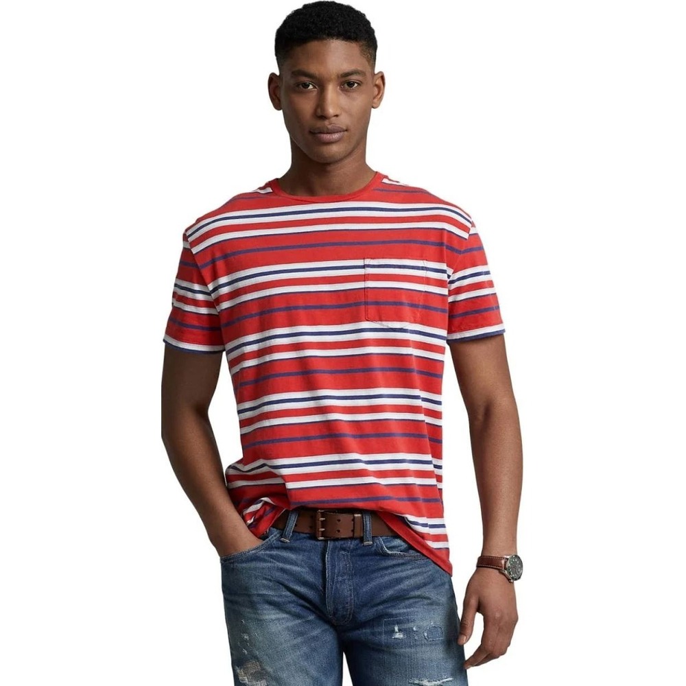Polo Lauren Ralph R67 t-shirt tee mens XL red stripped cotton pocket classic